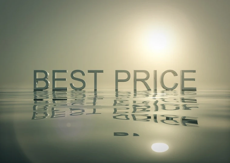 the words best price are reflected in the water, a stock photo, by senior artist, product introduction photo