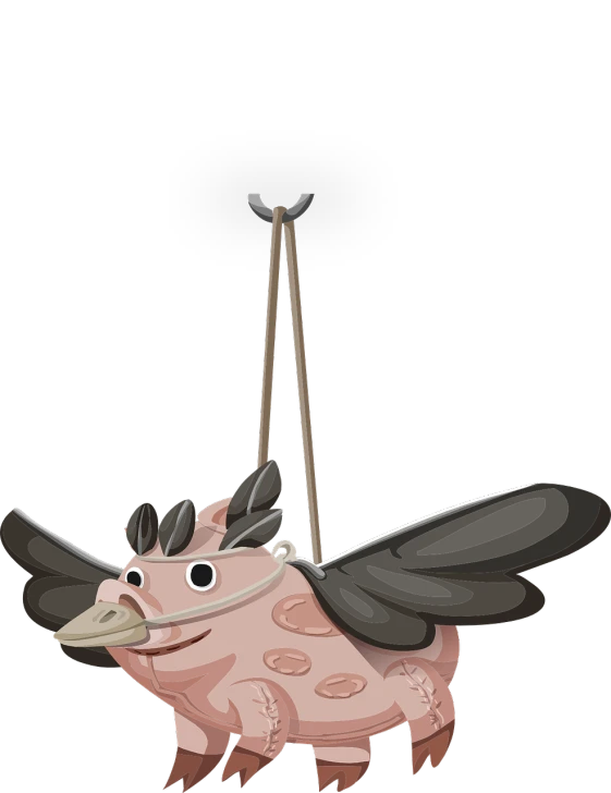 a cartoon pig hanging on a string, concept art, inspired by Kawabata Ryūshi, mingei, with wings. ultra-detailed, with a black background, closeup - view, untextured