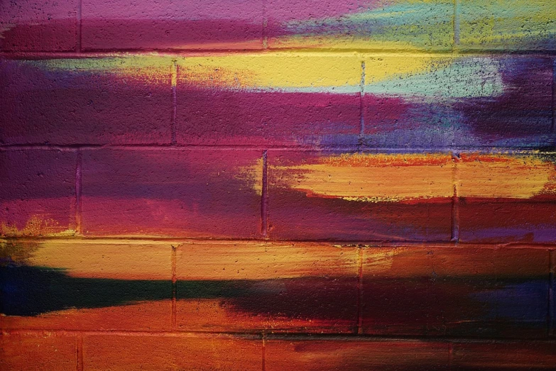 a painting of a sunset on a brick wall, inspired by Mark Rothko, pexels, metaphysical painting, colorful graffiti, brick wall background, beautiful juicy brush strokes, purple and red color bleed