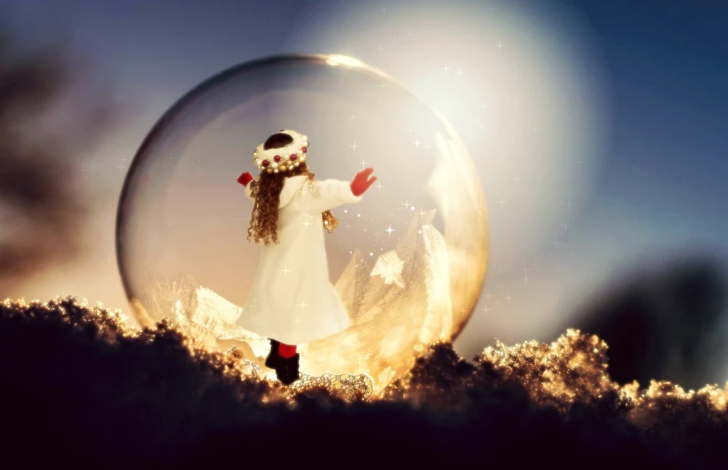 a snow globe with a little girl inside of it, by Marie Bashkirtseff, digital art, lensflare, karol bak uhd, bubbles ”