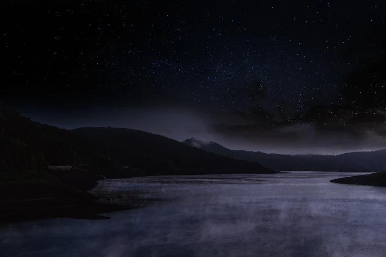 a large body of water under a night sky, a matte painting, azores, subtle fog, benjamin vnuk, made with photoshop