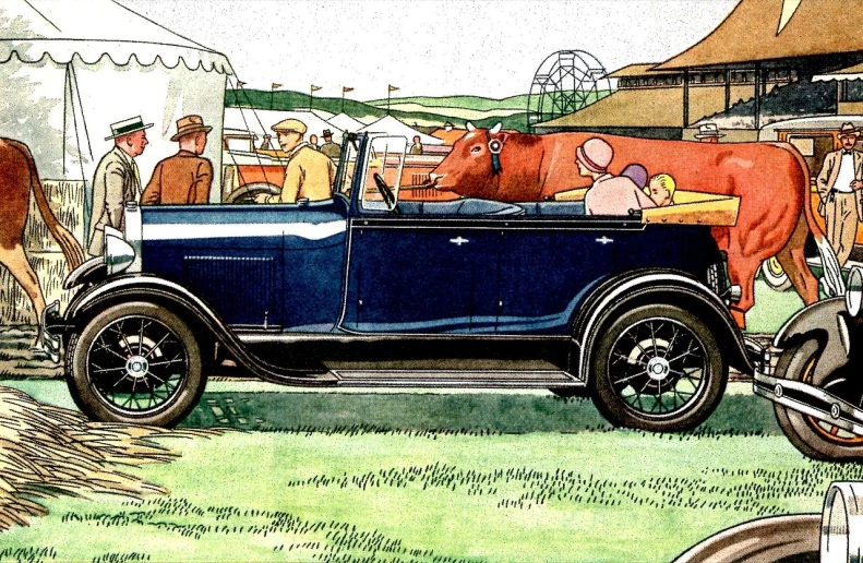 a drawing of a car with cows in the back, an illustration of, by David Simpson, 1 9 2 0 s clothes, convertable, outdoor fairgrounds, colour corrected