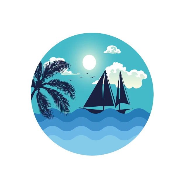 a boat floating on top of a body of water next to a palm tree, vector art, art deco, sail boat on the background, circle, dribbble illustration, wind kissed picture