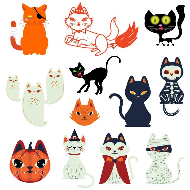 a group of cartoon cats sitting next to each other, vector art, mingei, halloween art style, on black background, flash sheet, pose 1 of 1 6