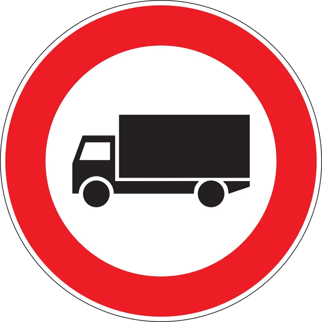 a red and white sign with a picture of a truck, pixabay, circular, on a flat color black background, forbidden, costa blanca