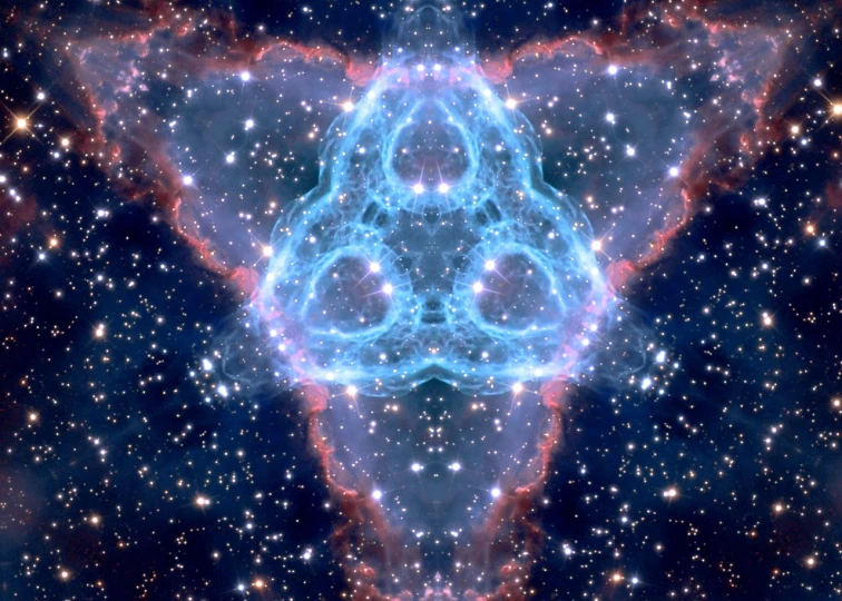 a star filled sky filled with lots of stars, digital art, inspired by Benoit B. Mandelbrot, flickr, space art, psychedelic triangular skeleton, symmetric lights and smoke, hubble photo background, galactic temple