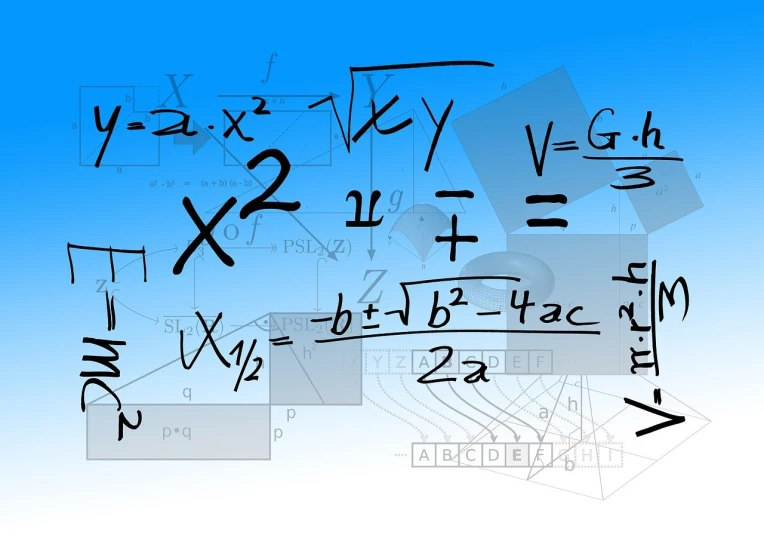 a picture of some calculations on a blue background, by David Burton-Richardson, pixabay, digital art, white background, algebra, commercial banner, complex composition!!