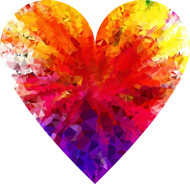 a multicolored heart on a black background, a picture, crystal cubism, high res, red-yellow colors, summer of love, low polygon