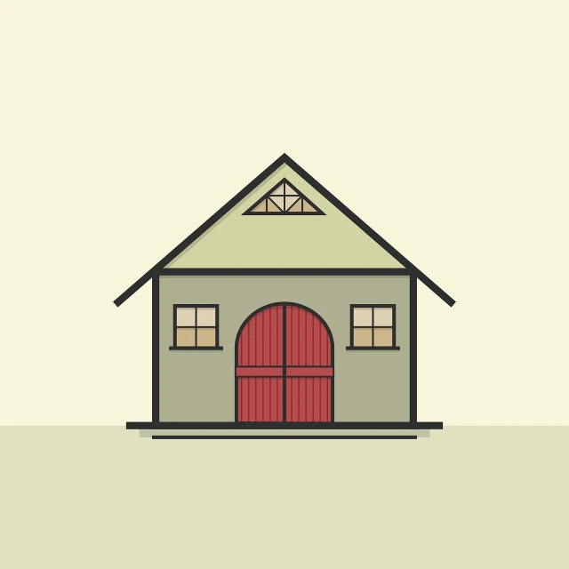 a small gray house with a red door, conceptual art, flat color and line, [[empty warehouse]] background, vintage color, flat icon