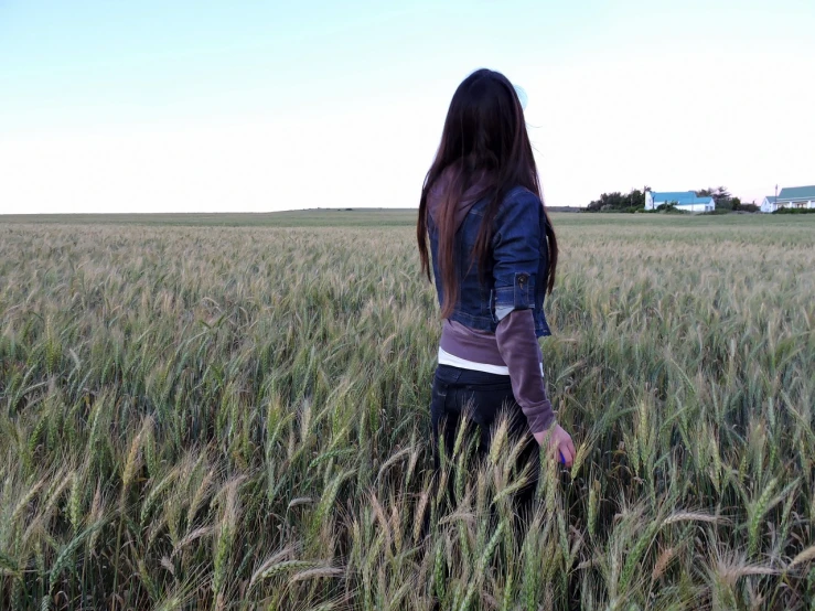 a woman standing in a field of tall grass, a picture, by Daniel Taylor, flickr, girl walking in wheat field, with long dark hair, near farm, facing away