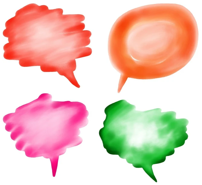 four different colored speech bubbles on a white background, a digital painting, visual art, red colored, ((water color)), peach and goma style, speech