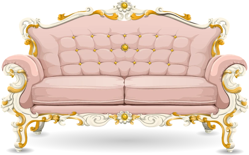 a pink couch sitting on top of a white floor, a pastel, by Melissa Benson, trending on pixabay, rococo, inlaid with gold rococo, cel shaded vector art, ebony rococo, lewd