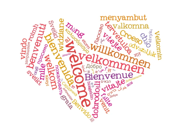 a word cloud in the shape of a heart, by Magdalene Bärens, welcome, acronym, with text, welcoming