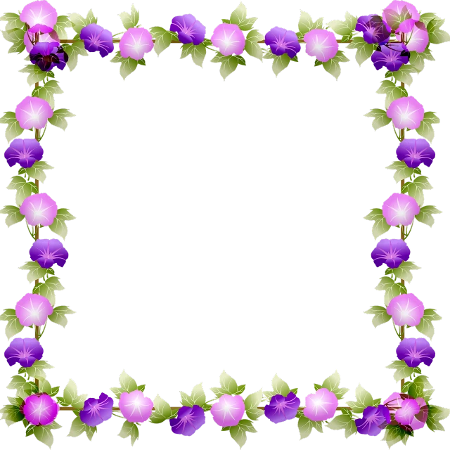 a square frame with purple flowers and green leaves, a digital rendering, black background), morning glory flowers, beautiful random images, fancily decorated flamboyant