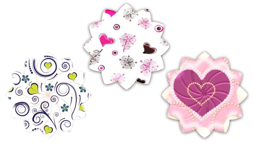 a couple of paper flowers sitting next to each other, vector art, deviantart, arabesque, several hearts, 3delight, clematis theme banner, imvu