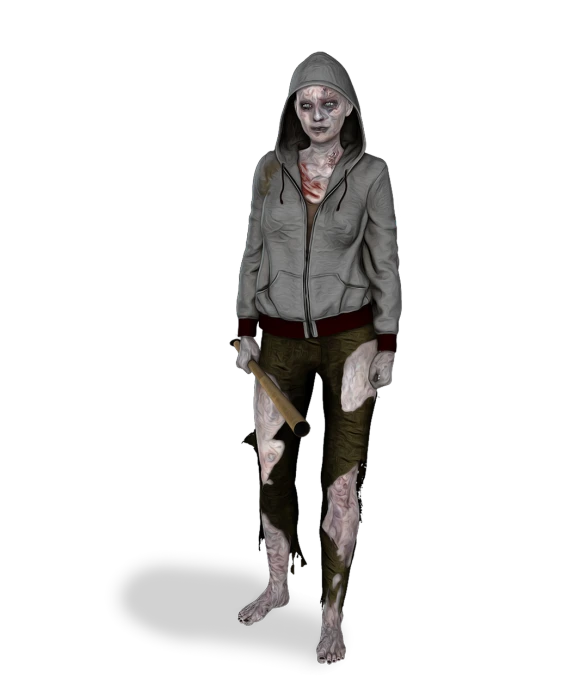 a woman dressed as a zombie with a knife in her hand, a digital rendering, inspired by Ada Hill Walker, girl wearing hoodie, body meshes, full body details, drab