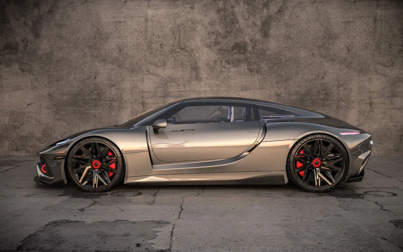 a silver sports car parked in front of a concrete wall, a 3D render, inspired by Bernardo Cavallino, zbrush central contest winner, art nouveau, 8k octae render photo, concept design art octane render, side perspective, lotus