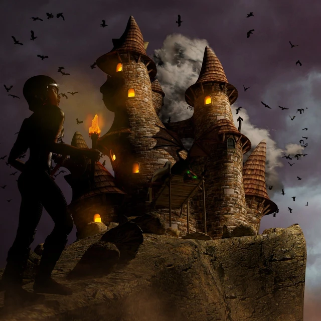 a couple of people standing in front of a castle, inspired by Rodney Matthews, fantasy art, dramatic lighting render, halloween scene, stacked image, witch paying for her sins