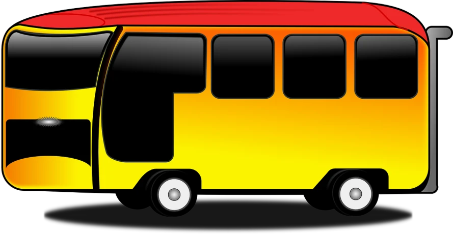 a yellow and red bus on a black background, black backround. inkscape, hippie, oceanside, full res