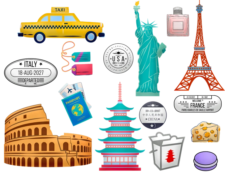 a bunch of different things on a black background, international typographic style, monuments, silicone patch design, clipart, luggage