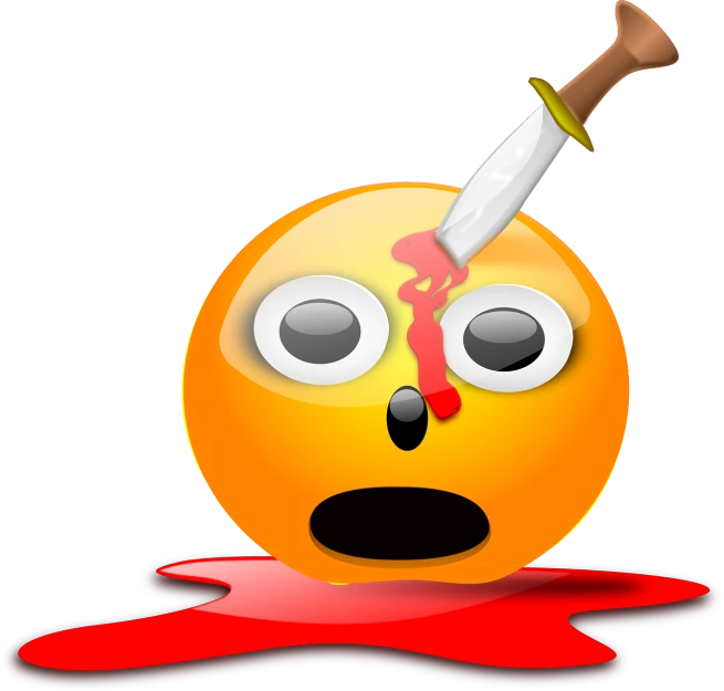 a yellow emoticion with a knife sticking out of it, vector art, shock art, my blood is boiling, round head, color bleeding, photo - shot