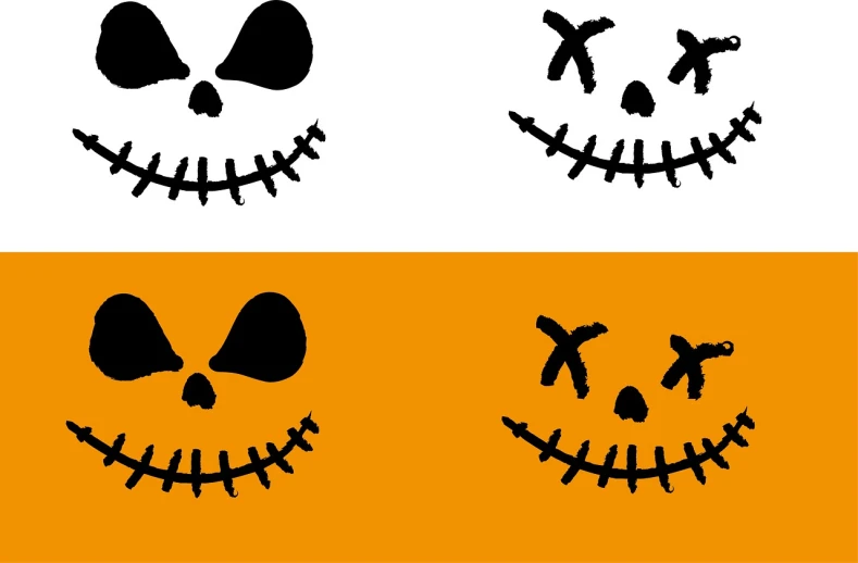 a couple of jack and sally faces on a yellow and white background, vector art, by Kōno Michisei, banners, jack - o'- lantern, skull paint, face variations