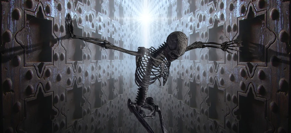 a skeleton that is standing up in the air, a digital rendering, inspired by Giger, pixabay contest winner, inside a tall vetical room, nuclear fusion, skeletal with extra fleshy bits, lying on bones