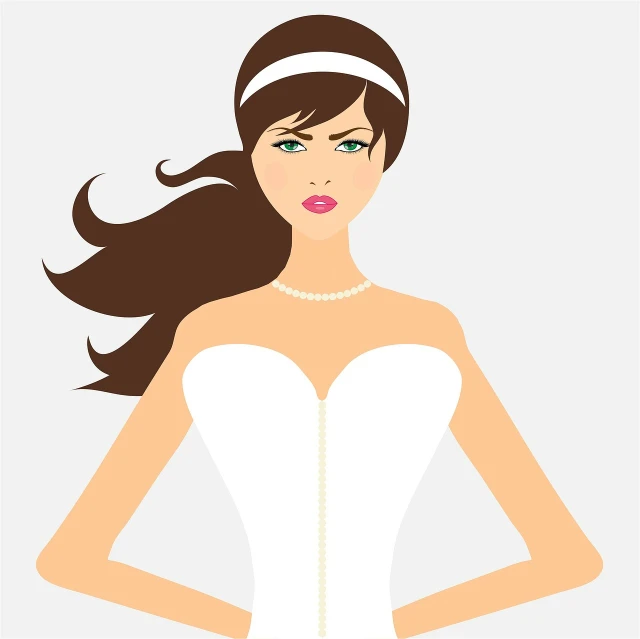 a woman in a wedding dress posing for a picture, vector art, with long hair and piercing eyes, half body photo, windblown dark hair, head and shoulders view