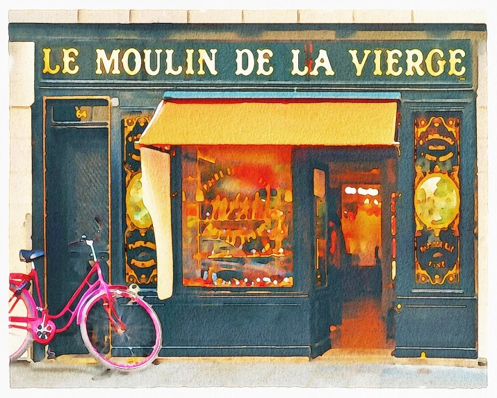 a painting of a bicycle parked in front of a store, a photo, shutterstock, art nouveau, moulin rouge!, heavy vignette!, cupcake, yan morala