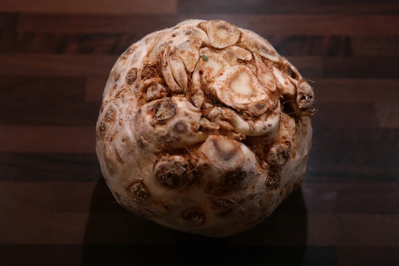 a close up of a piece of food on a table, inspired by Grillo Demo, reddit, renaissance, elated gaunt onion head, skeletal with extra fleshy bits, view from bottom to top, spherical