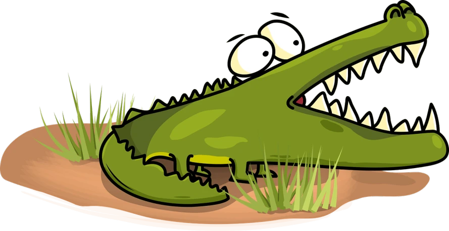 a cartoon crocodile with its mouth open and teeth wide open, a digital rendering, by Tom Carapic, pixabay, cobra, on a dark swampy bsttlefield, hiding in grass, cartoon style illustration, right side composition