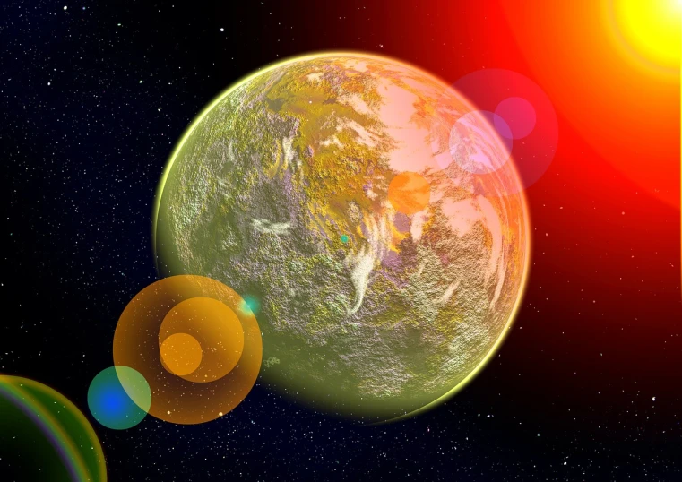 a close up of a planet with a sun in the background, a digital rendering, very beautiful photo, prehistoric planet, flash photo