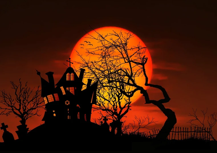 a silhouette of a castle sitting on top of a hill, a photo, by Maxwell Bates, digital art, epic red - orange moonlight, trick or treat, red sun, amityville