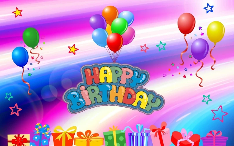a birthday card with balloons and presents, a picture, hd screenshot, full device, ad image, very colourful