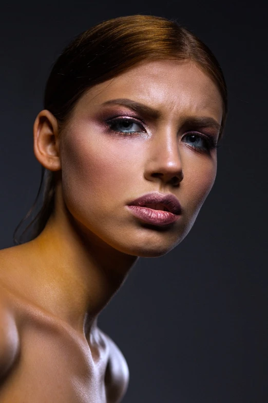 a beautiful young woman posing for a picture, a portrait, inspired by Antoni Brodowski, flickr, hyperrealism, defined cheekbones, glossy photo, angry look, close - up studio photo