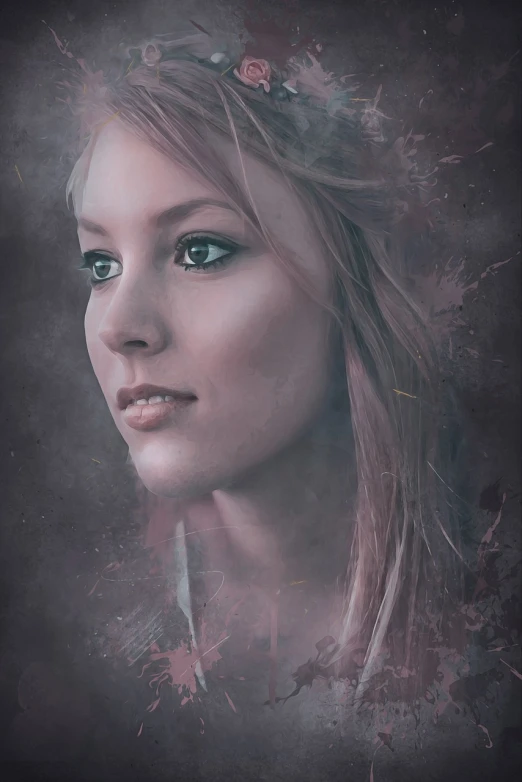 a woman with a flower in her hair, a digital painting, inspired by Arik Brauer, moody misty fantasy art, promotional portrait, texturized, portrait of beautiful girl