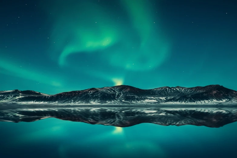 a large body of water with a mountain in the background, digital art, by Alexander Bogen, pexels contest winner, northern lights background, beautifully symmetrical, 4k vertical wallpaper, lapland