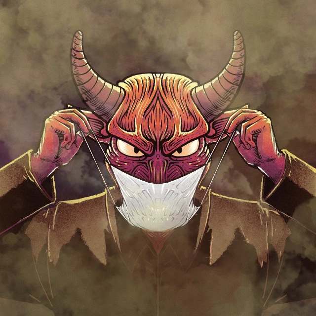 a close up of a person wearing a mask, concept art, deviantart contest winner, devil horns, full color illustration, vector, poster illustration