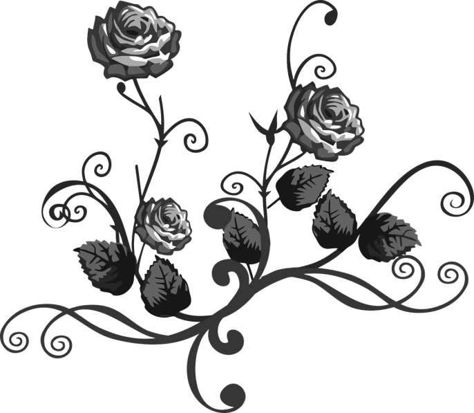 a black and white image of two roses, an ambient occlusion render, deviantart, art nouveau, stylized material bssrdf, vines, black ambient background, imvu