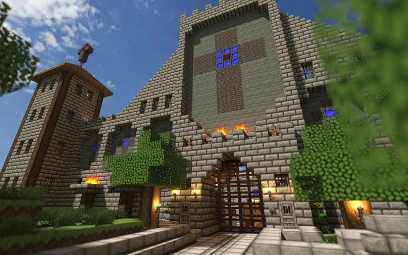 a large stone building with a clock tower, a screenshot, by Dan Content, style of minecraft, inside a castle courtyard, stained”, amazing mmorpg