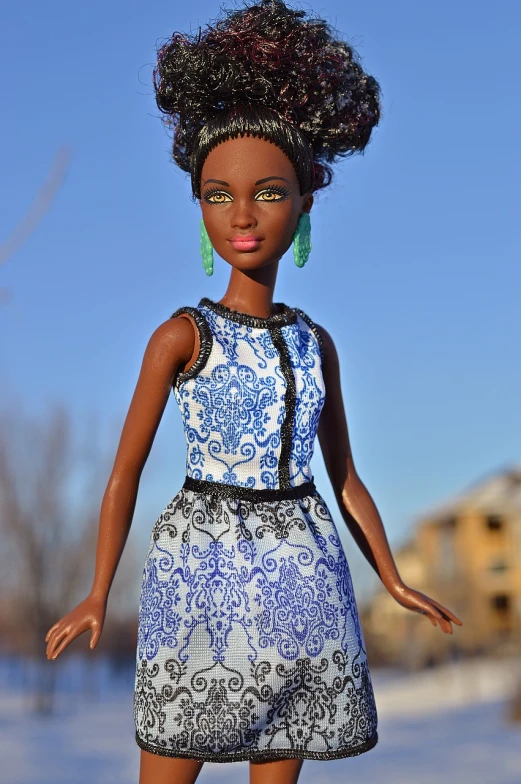 a close up of a doll wearing a dress, a portrait, inspired by Chinwe Chukwuogo-Roy, cg society contest winner, toyism, in a blue qipao, at dusk!, mattel, “ full body