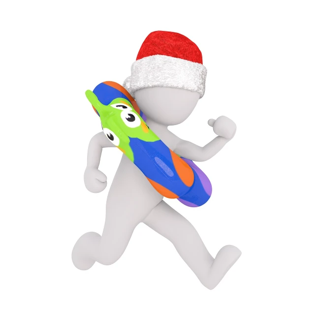 a person in a santa hat running with a snowboard, a raytraced image, by Kanbun Master, shutterstock, figuration libre, toy photo, surf, 2. 5 d illustration