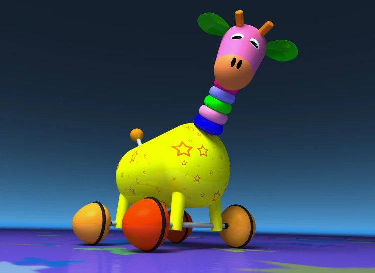 a close up of a toy giraffe on wheels, a raytraced image, by Pixar, trending on polycount, toyism, toy photo, ps1 graphics, poyo, rubber hose animation