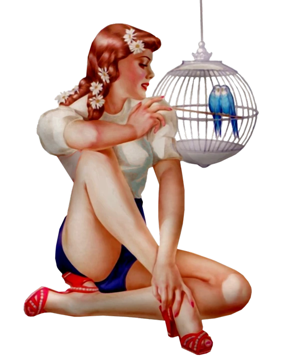 a pinup girl sitting on the ground next to a birdcage, tumblr, digital art, blue bird, wikimedia, hear no evil, blog-photo
