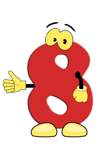 a cartoon character holding a microphone in one hand and a number eight in the other, by Harry Beckhoff, pixabay, art brut, red colored, with a black background, thumb up, 8 feet from the camera
