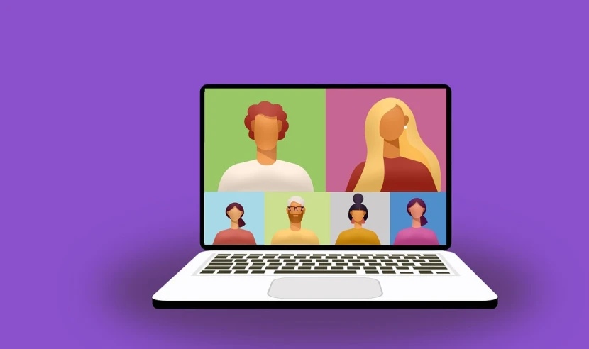 a laptop with a group of people on the screen, by Whitney Sherman, shutterstock, computer art, lime and violet, face focus!, on simple background, collaborative