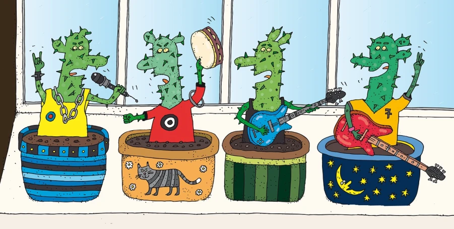 a group of cactus plants sitting next to each other, a cartoon, digital art, evil guitars, vignette of windowsill, dragon invasion of moscow, political cartoon style