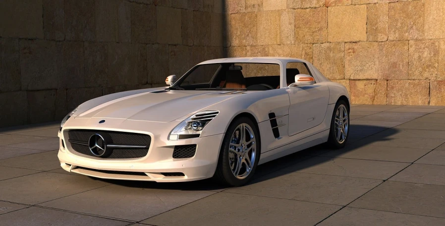 a white sports car parked in front of a wall, a 3D render, inspired by Harry Haenigsen, pexels, mercedez benz, attractive and good looking, trimmed with a white stripe, front lit