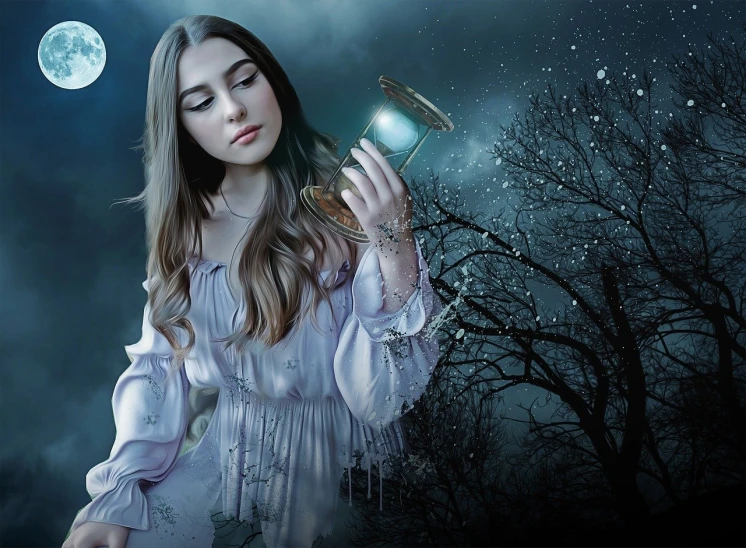 a woman holding a jar in front of a full moon, digital art, inspired by Edward Robert Hughes, trending on pixabay, fantasy art, holding a bell, emma watson as galadriel, background image, trending photo