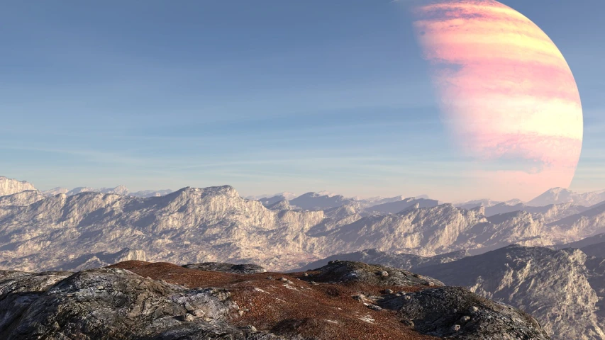 a view of a planet from the top of a mountain, a detailed matte painting, distant mountains lights photo